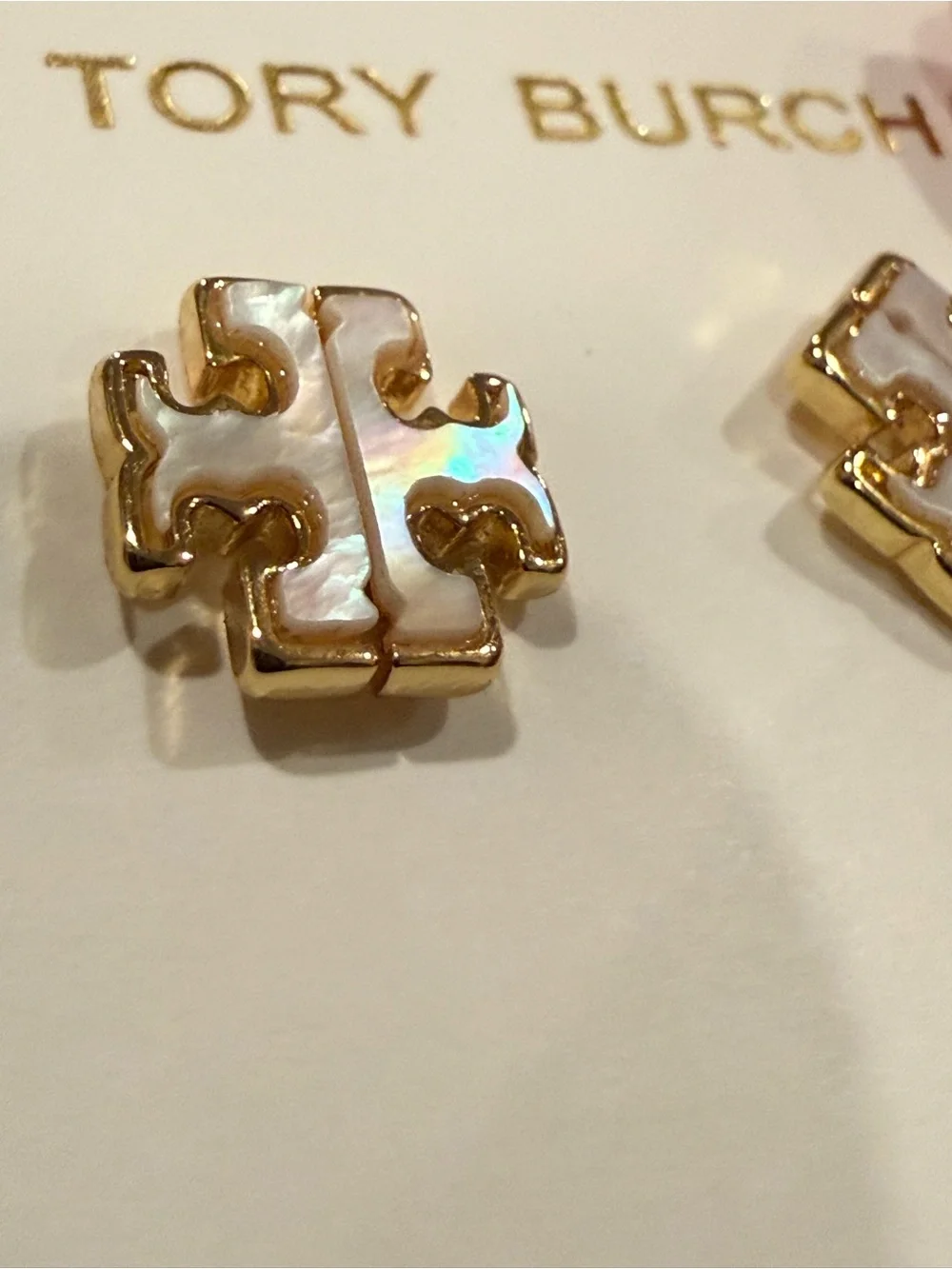 Tory Burch | Gold Plated Mother of Pearl Logo Stud Earrings | Small